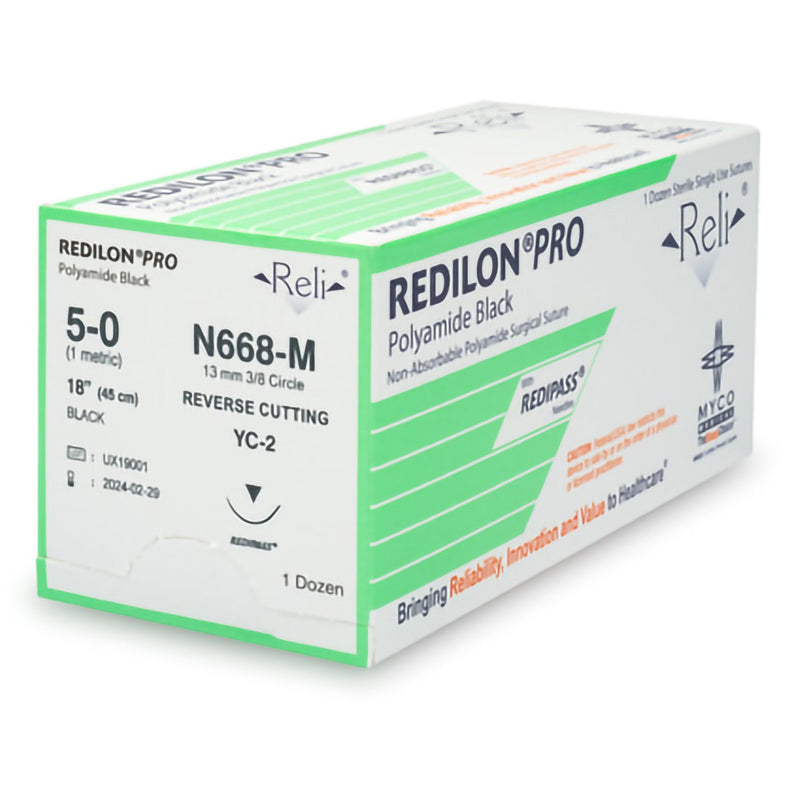 Nonabsorbable Suture with Needle Reli Redilon Nylon MC 3/8 Circle Reverse Cutting Needle Size 5 - 0 Monofilament N668-M