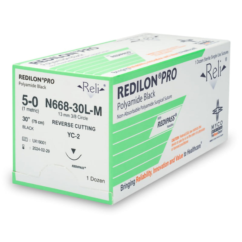 Nonabsorbable Suture with Needle Reli Redilon Nylon MC 3/8 Circle Reverse Cutting Needle Size 5 - 0 Monofilament