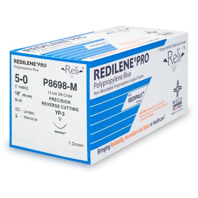 Nonabsorbable Suture with Needle Reli Redilene  Polypropylene MP-3 3/8 Circle Conventional Cutting Needle Size 5 - 0 Monofilament