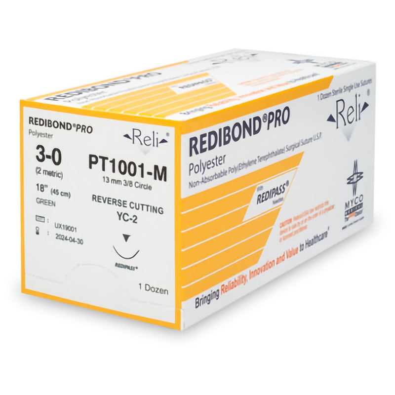 Nonabsorbable Suture with Needle Reli Polyester MC 3/8 Circle Precision Reverse Cutting Needle Size 3 - 0 Braided PT1001-M