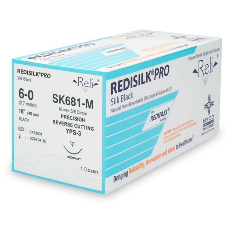 Nonabsorbable Suture with Needle Reli Redisilk Silk MPS-3 3/8 Circle Conventional Cutting Needle Size 6 - 0 Braided