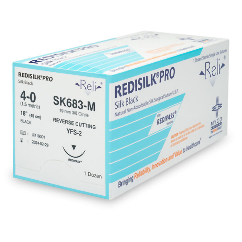 Nonabsorbable Suture with Needle Reli Redisilk Silk MFS-2 3/8 Circle Reverse Cutting Needle Size 4 - 0 Braided