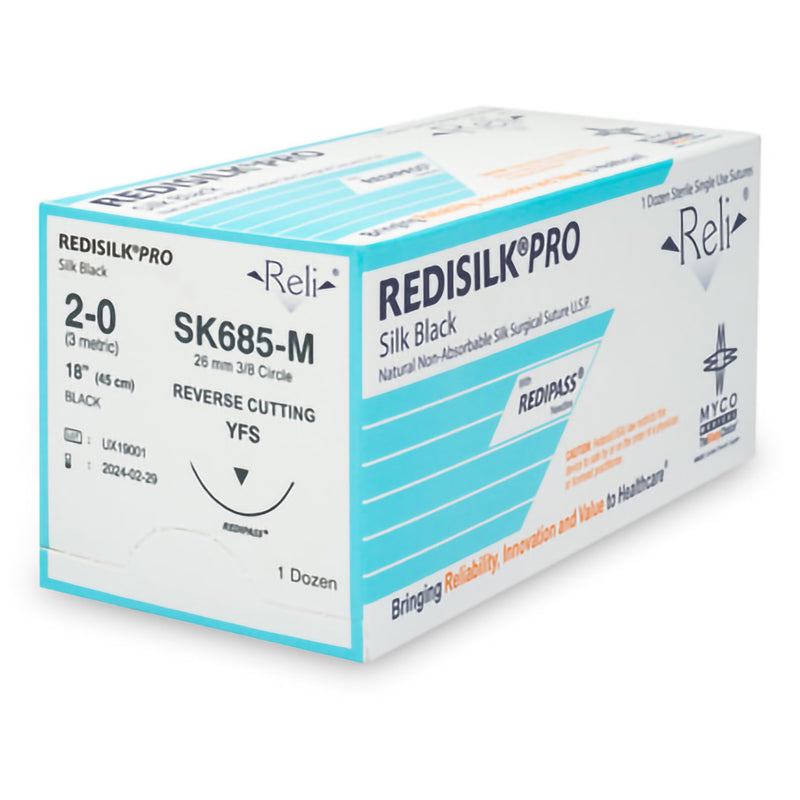 Nonabsorbable Suture with Needle Reli Redisilk Silk MFS 3/8 Circle Reverse Cutting Needle Size 2 - 0 Braided