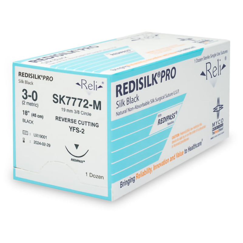 Nonabsorbable Suture with Needle Reli Redisilk Silk MFS-2 3/8 Circle Reverse Cutting Needle Size 3 - 0 Braided