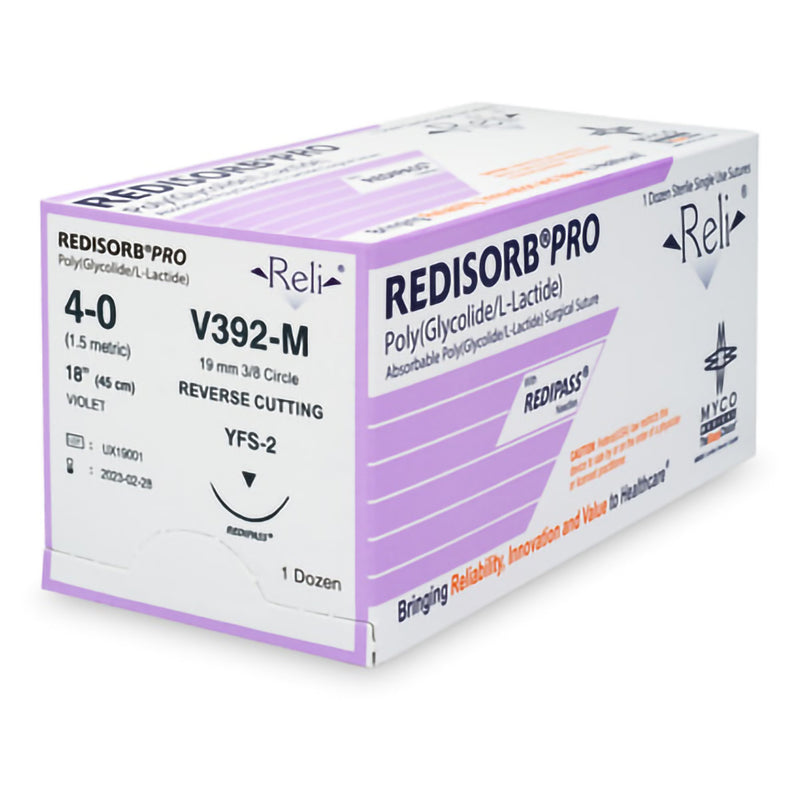 Absorbable Suture with Needle Reli Redisorb  Polyglycolic Acid C-6 3/8 Circle Reverse Cutting Needle Size 4 - 0 Braided