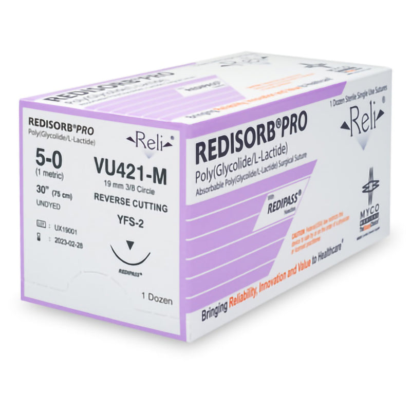 Absorbable Suture with Needle Reli Redisorb Polyglycolic Acid MFS-2 3/8 Circle Reverse Cutting Needle Size 5 - 0 Braided