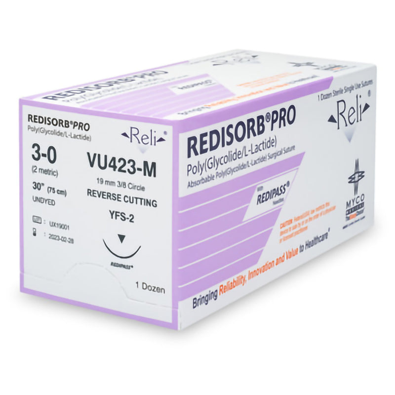 Absorbable Suture with Needle Reli  Redisorb Polyglycolic Acid MFS-2 3/8 Circle Reverse Cutting Needle Size 3 - 0 Braided