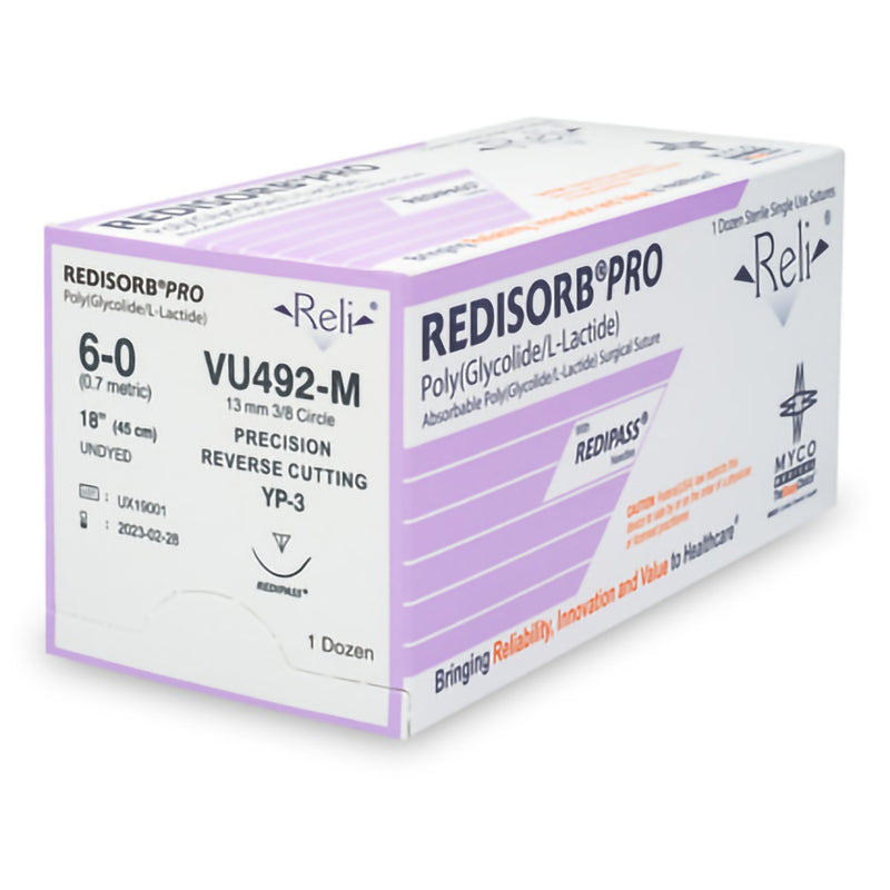 Absorbable Suture with Needle Reli Redisorb Polyglycolic Acid MP-3 3/8 Circle Precision Reverse Cutting Needle Size 6 - 0 Braided
