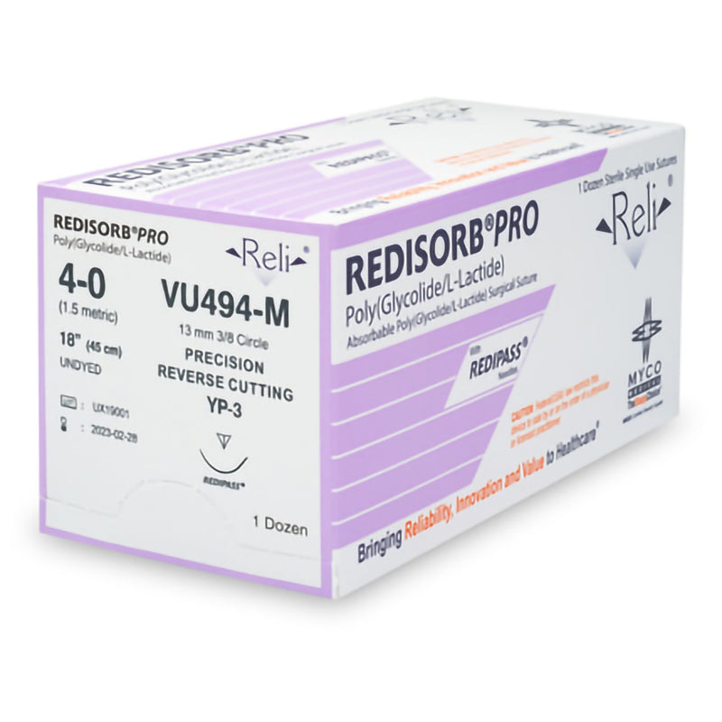 Absorbable Suture with Needle Reli Redisorb Polyglycolic Acid C-3 3/8 Circle Precision Reverse Cutting Needle Size 4 - 0 Braided