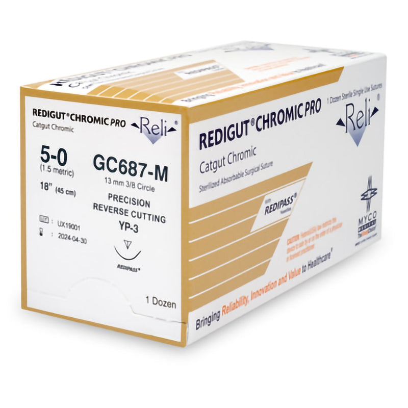 Absorbable Suture with Needle Reli Chromic Gut MP-3 3/8 Circle Precision Reverse Cutting Needle Size 5 - 0 GC687-M