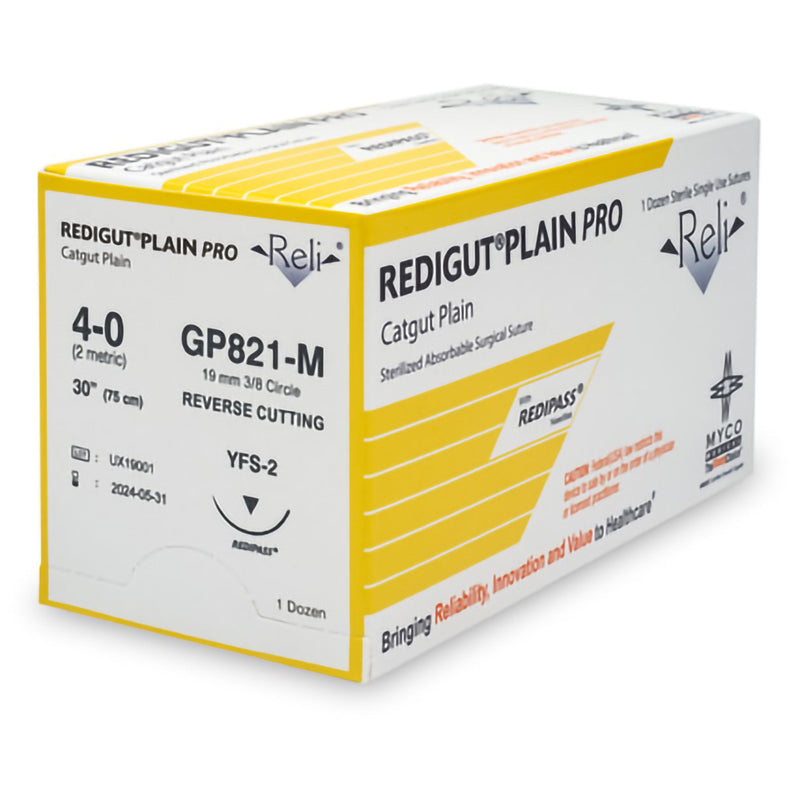 Absorbable Suture with Needle Reli Plain Gut MFS-2 3/8 Circle Reverse Cutting Needle Size 4 - 0 GP821-M