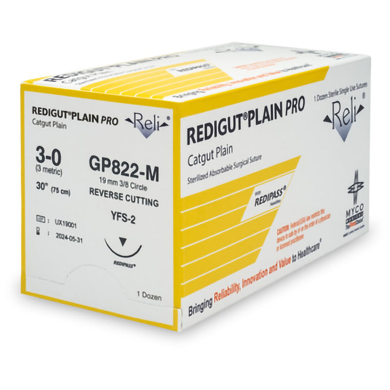 Absorbable Suture with Needle Reli Plain Gut MFS-2 3/8 Circle Reverse Cutting Needle Size 3 - 0 GP822-M