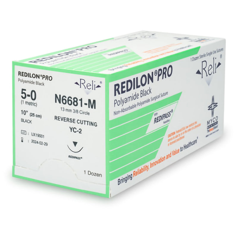 Nonabsorbable Suture with Needle Reli Redilon Nylon MC 3/8 Circle Reverse Cutting Needle Size 5 - 0 Monofilament