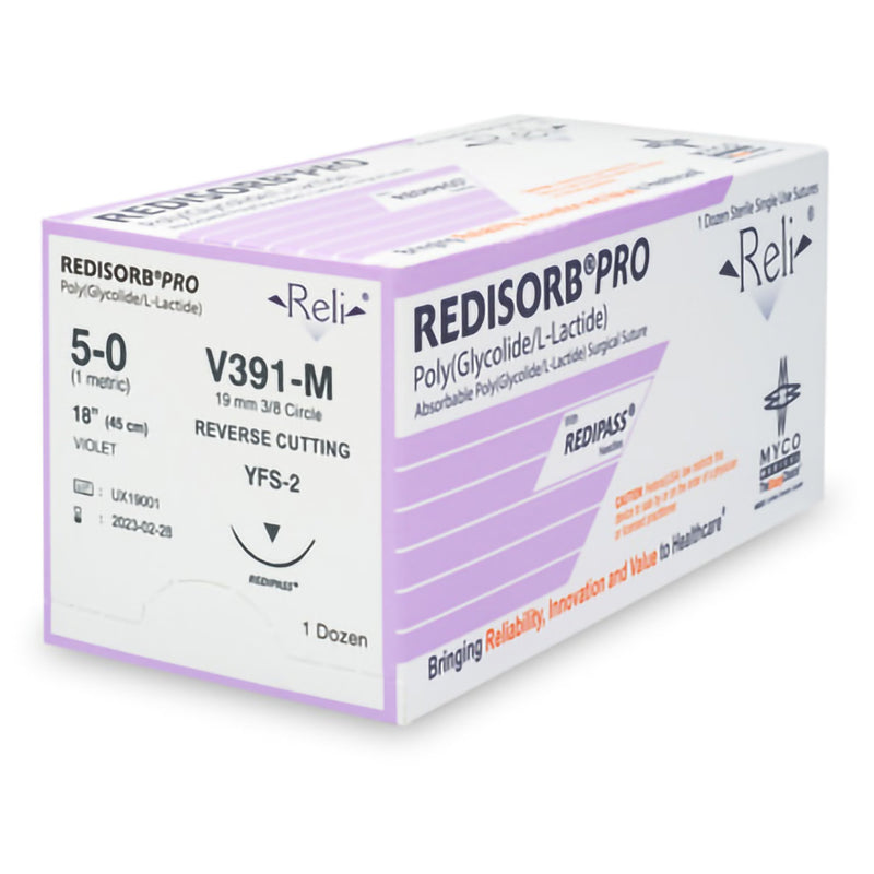 Absorbable Suture with Needle Reli Redisorb Polyglycolic Acid C-6 3/8 Circle Reverse Cutting Needle Size 5 - 0 Braided