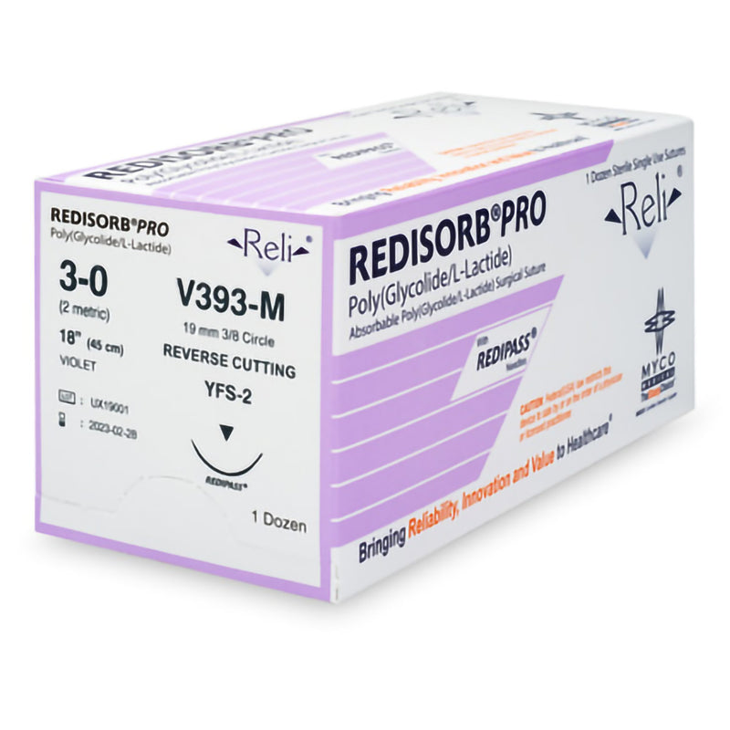 Absorbable Suture with Needle Reli Redisorb Polyglycolic Acid MFS-2 3/8 Circle Reverse Cutting Needle Size 3 - 0 Braided