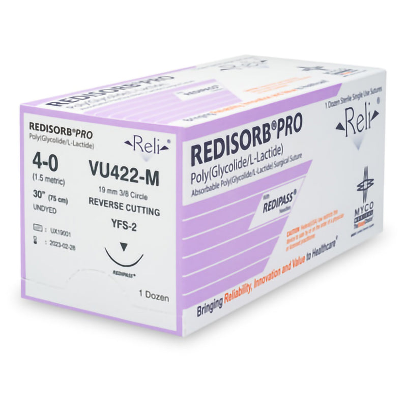 Absorbable Suture with Needle Reli  Redisorb Polyglycolic Acid MFS-2 3/8 Circle Reverse Cutting Needle Size 4 - 0 Braided