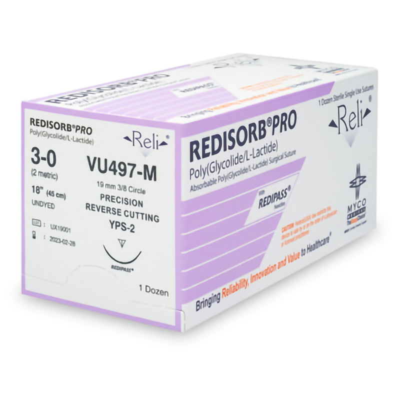 Absorbable Suture with Needle Reli Redisorb Polyglycolic Acid MPS-2 3/8 Circle Precision Reverse Cutting Needle Size 3 - 0 Braided