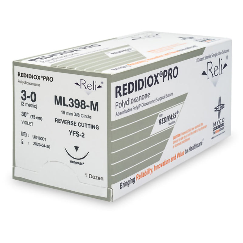 Absorbable Suture with Needle Reli Polydioxanone MFS-2 3/8 Circle Reverse Cutting Needle Size 3 - 0 Monofilament ML398-M