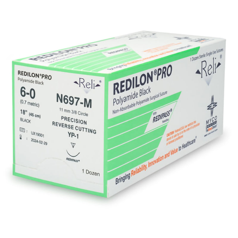 Nonabsorbable Suture with Needle Reli Redilon Nylon MP-1 3/8 Circle Reverse Cutting Needle Size 6 - 0 Monofilament
