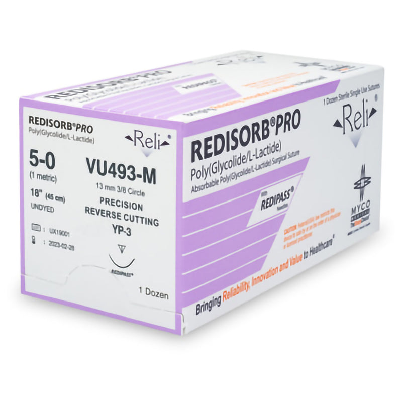 Absorbable Suture with Needle Reli Redisorb  Polyglycolic Acid MP-3 3/8 Circle Precision Reverse Cutting Needle Size 5 - 0 Braided