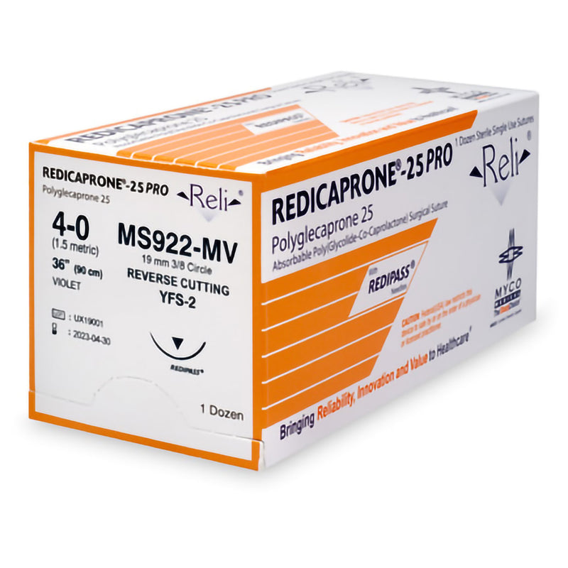 Absorbable Suture with Needle Reli Poliglecaprone MSH-2 3/8 Circle Reverse Cutting Needle Size 4 - 0 Monofilament