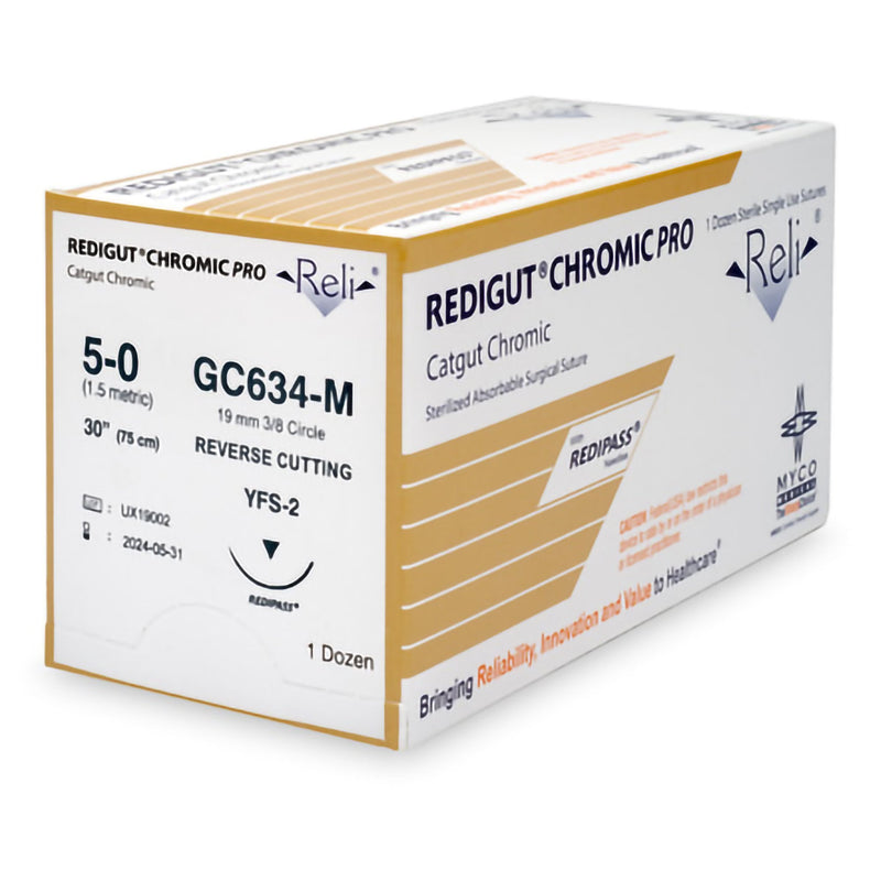 Absorbable Suture with Needle Reli Chromic Gut C-6 3/8 Circle Reverse Cutting Needle Size 5 - 0 GC634-M