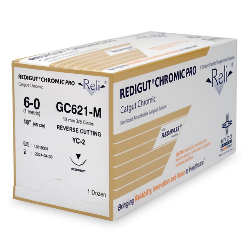 Absorbable Suture with Needle Reli Chromic Gut C-3 3/8 Circle Precision Reverse Cutting Needle Size 6 - 0