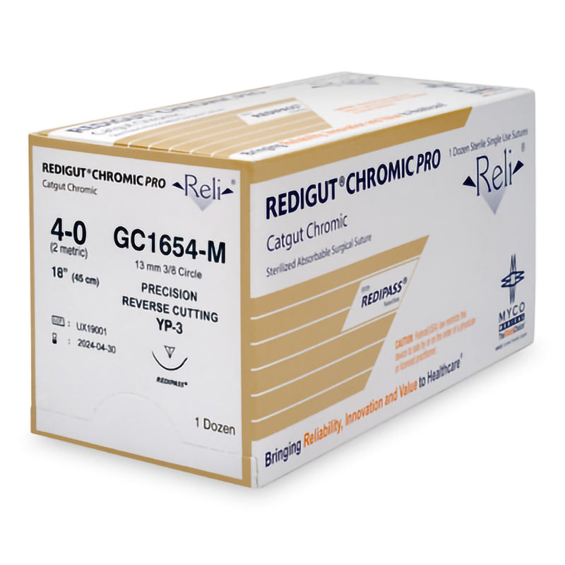 Absorbable Suture with Needle Reli Chromic Gut C-3 3/8 Circle Precision Reverse Cutting Needle Size 4 - 0