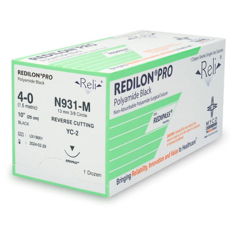 Nonabsorbable Suture with Needle Reli Redilon Nylon YC-2 3/8 Circle Reverse Cutting Needle Size 4 - 0 Monofilament N931-M