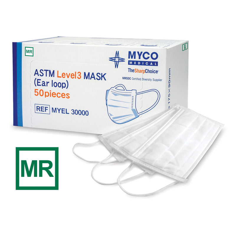 Procedure Mask MYCO MR Safe MRI Safe Pleated Earloops One Size Fits Most White NonSterile ASTM Level 3 Adult