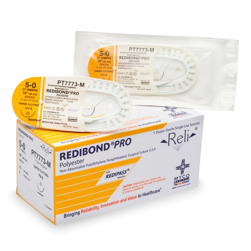Nonabsorbable Suture with Needle Reli Polyester MV-5 1/2 Circle Taper Cutting Needle Size 5 - 0 Braided PT7773-M