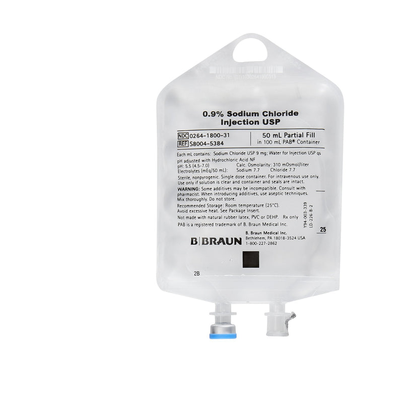 Replacement Preparation Sodium Chloride, Preservative Free 0.9% IV Solution Flexible Bag 50 mL Fill in 100 mL | B. Braun Medical | SurgiMac