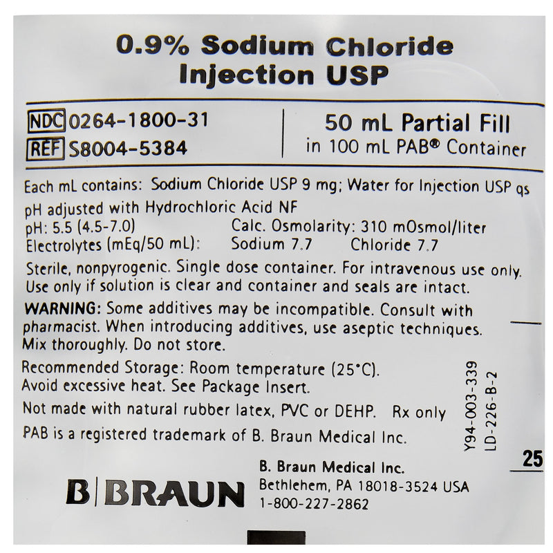 Replacement Preparation Sodium Chloride, Preservative Free 0.9% IV Solution Flexible Bag 50 mL Fill in 100 mL | B. Braun Medical | SurgiMac