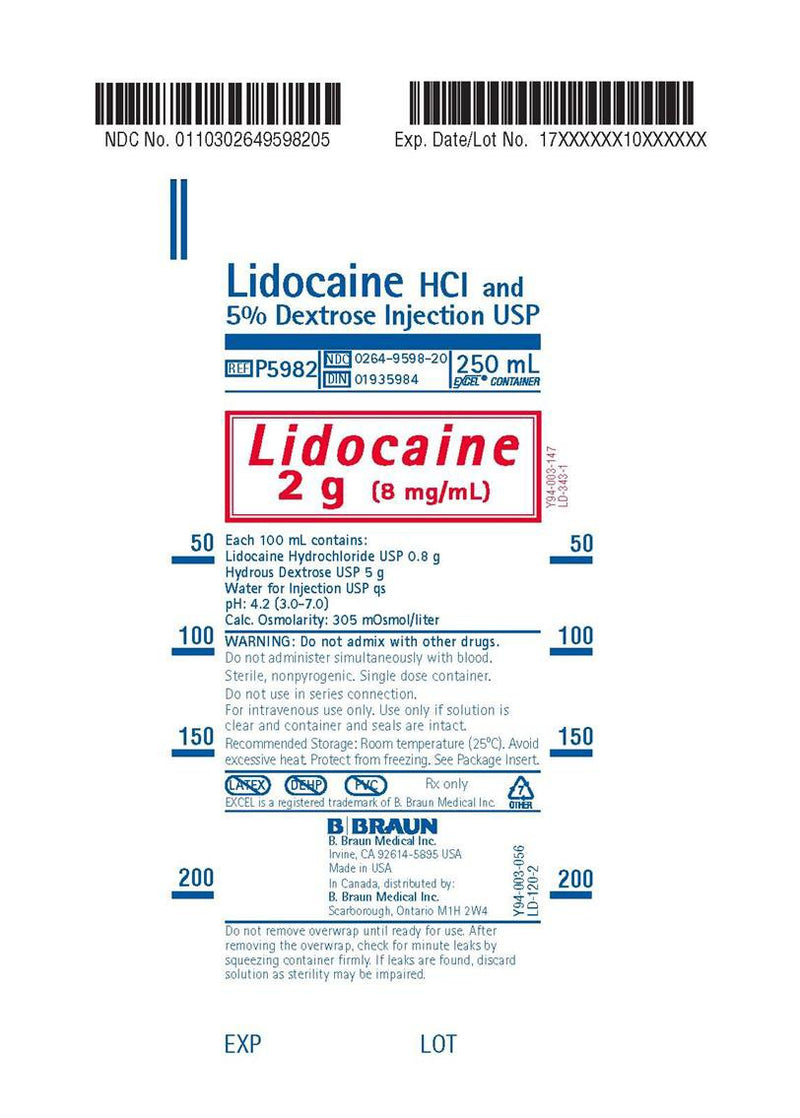 Lidocaine HCl / Dextrose 5%, Preservative Free 8 mg / mL IV Solution Flexible Bag 250 mL | B. Braun Medical | SurgiMac