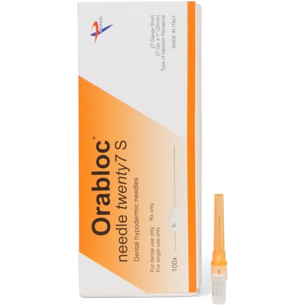 Orabloc Plastic Hub Periapical Dental Needle, 27G Short, Orange, 100/Bx