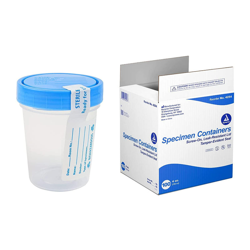 SurgiMac Dental District Medical Supply - Dynarex Specimen Containers, 4 oz., Sterile, Bulk Packaged Specimen Cups with Clear Blue Lid, 1 Box of 100 