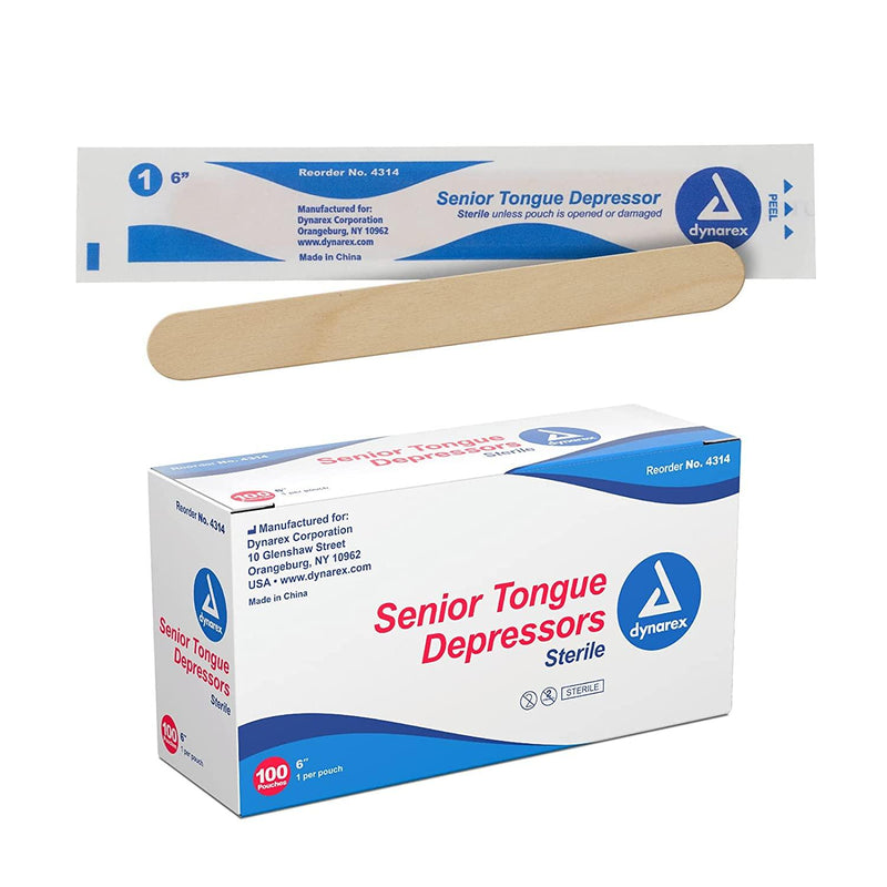 SurgiMac Dental District Medical Supply - Dynarex Tongue Depressor Senior, Sterile, 6 Inches, 100 Count 