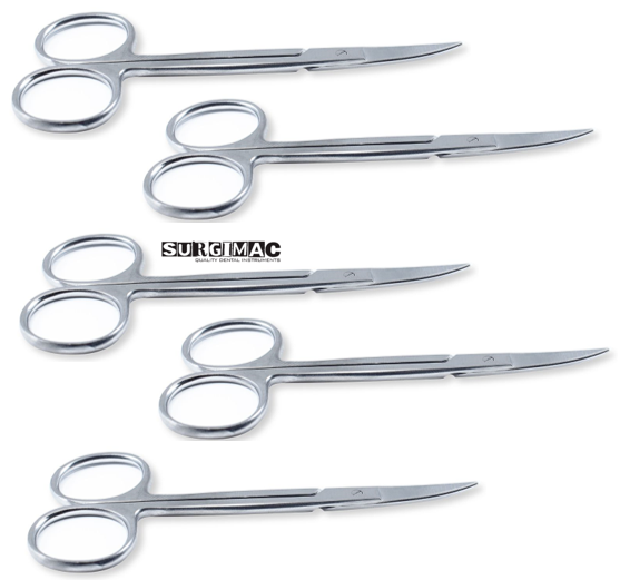 SurgiMac Dental District Medical Supply - Iris Micro Dissecting Dental Lab Sharp Scissors, 4.5" (11.43cm) Fine Point Curved, Stainless Steel (Set of 5) 