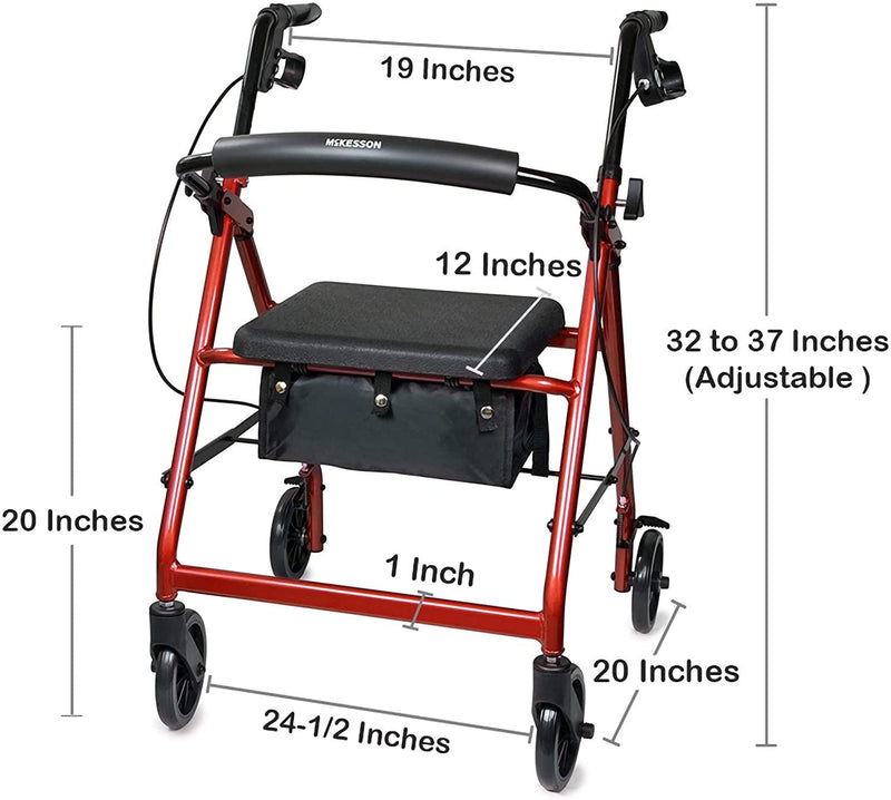 SurgiMac Dental District Medical Supply - McKesson Rollator Walker with Seat and Wheels, Lightweight, Aluminum, 300 lbs Weight Capacity, Red, 1 Count 