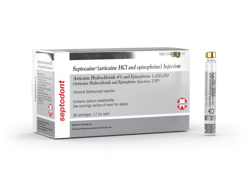 Septocaine Articaine HCl 4% with Epinephrine 1:200,000 Cartridges Box of 50 - 1.7 mL - SurgiMac