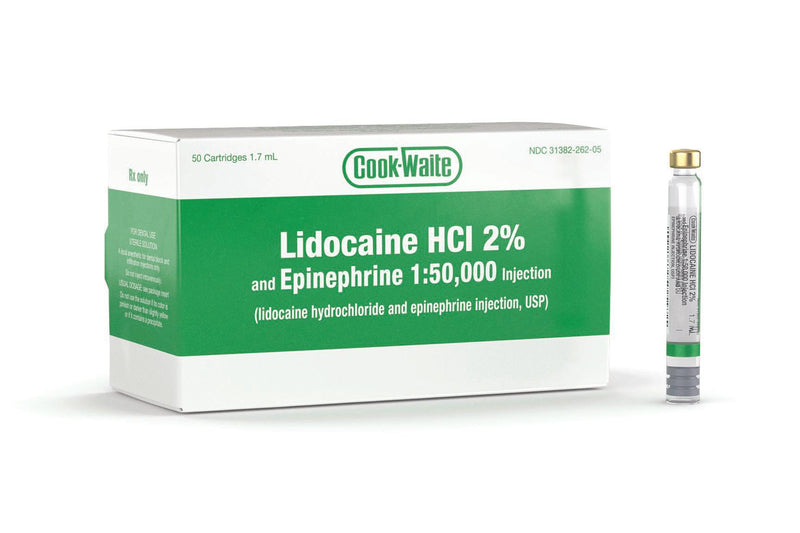 Cook-Waite Lidocaine HCL 2% with Epinephrine 1:50,000 Cartridges, Box of 50 - 1.7 mL - SurgiMac